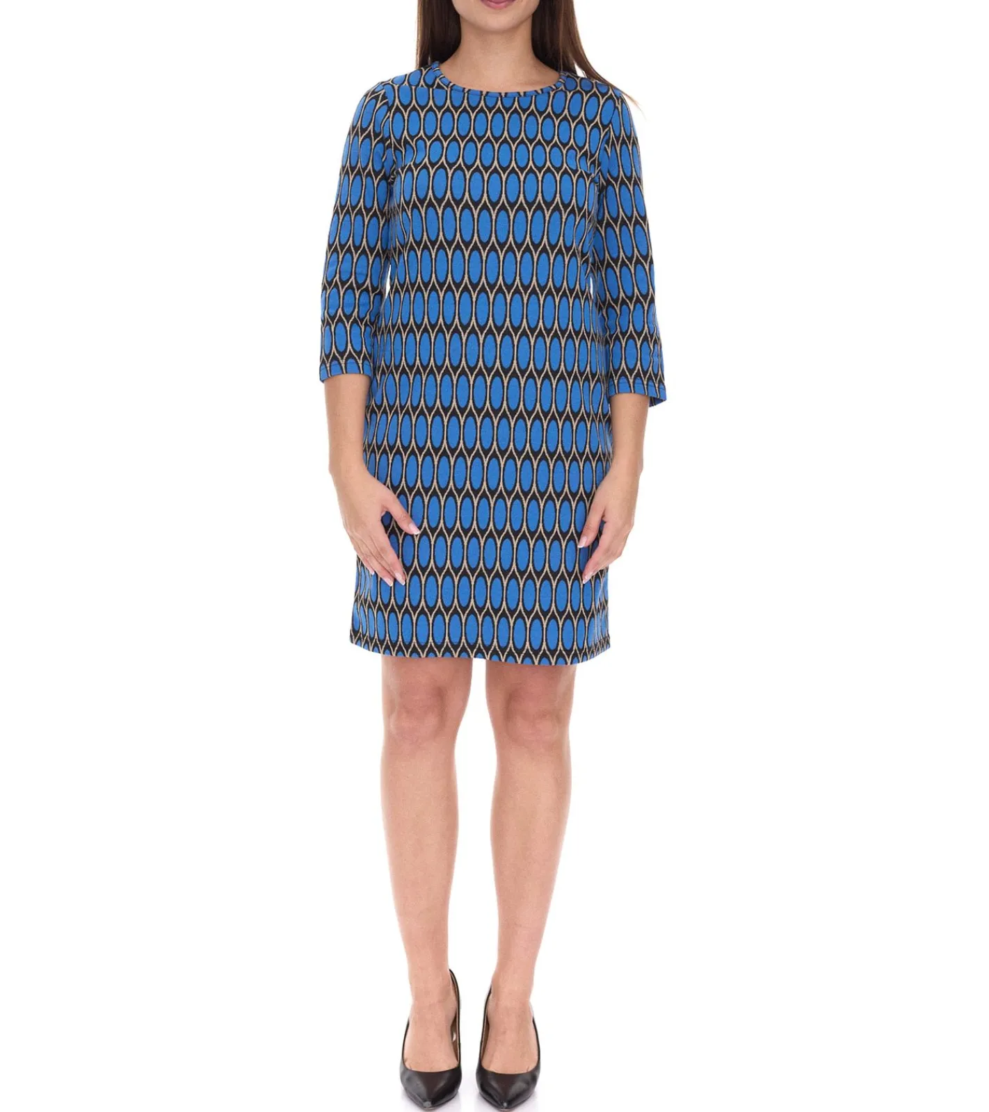 Kleider*Aniston CASUAL Damen Sommer-Kleid mit Allover-Print Mini-Kleid Rundhals-Kleid 52386460 Blau/Schwarz