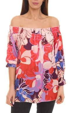 Poloshirts & Blusen*Aniston CASUAL Damen Sommer-Bluse mit Allover-Print schulterfrei Sommer-Shirt 15622313 Rosa/Rot