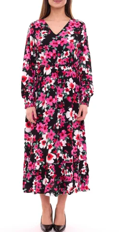 Kleider*Aniston CASUAL Damen Sommer-Kleid sommerliches Maxi-Kleid mit Blumendruck Langarm-Kleid 23866029 Rosa/Schwarz
