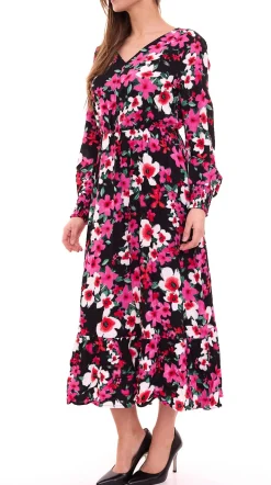 Kleider*Aniston CASUAL Damen Sommer-Kleid sommerliches Maxi-Kleid mit Blumendruck Langarm-Kleid 23866029 Rosa/Schwarz