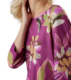 Kleider*Aniston CASUAL Damen Sommer-Kleid mit Blumen und Blätter Print Mini-Kleid Langarm-Kleid 75319669 Lila/Grün/Beige