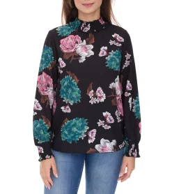 Poloshirts & Blusen*Aniston CASUAL Damen Sommer-Bluse mit floralem Muster Langarm-Shirt Frühlings-Bluse 11049069 Schwarz/Rosa/Grün