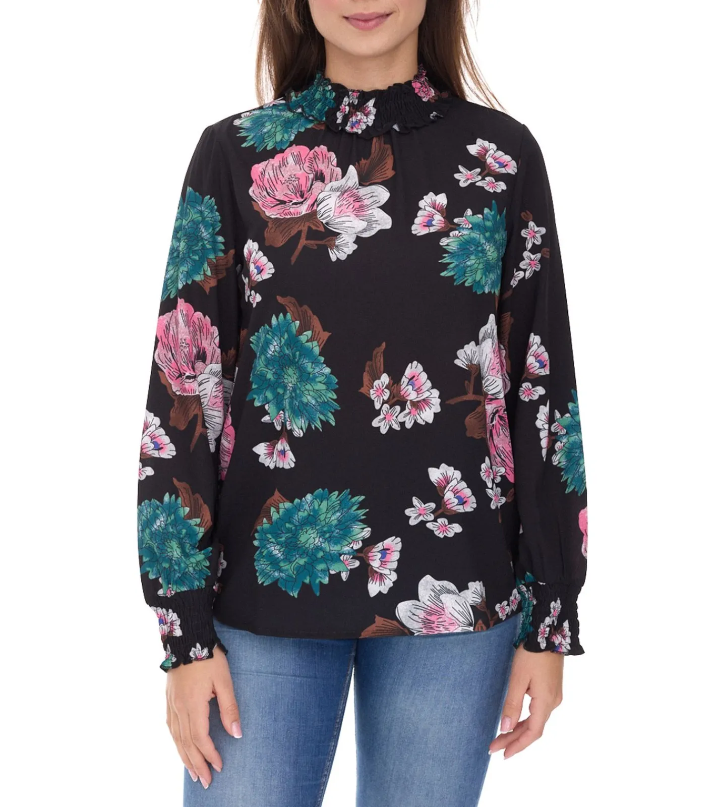 Poloshirts & Blusen*Aniston CASUAL Damen Sommer-Bluse mit floralem Muster Langarm-Shirt Frühlings-Bluse 11049069 Schwarz/Rosa/Grün