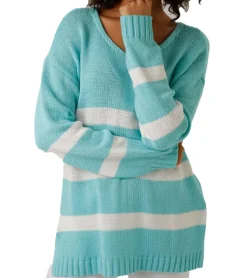 Sweater & Pullover*Aniston CASUAL Damen Strick-Pullover mit Baumwollanteil Alltags-Pullover Langarm-Shirt 78647339 Türkis/Weiß