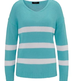 Sweater & Pullover*Aniston CASUAL Damen Strick-Pullover mit Baumwollanteil Alltags-Pullover Langarm-Shirt 78647339 Türkis/Weiß