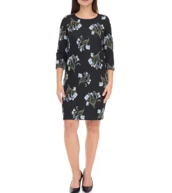 Kleider*Aniston CASUAL Damen Strick-Kleid mit Blumen-Print Sommer-Kleid 3/4-Arm 62941323 Schwarz