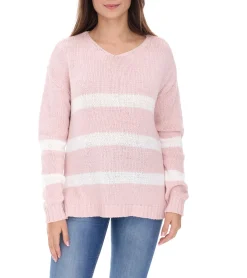 Sweater & Pullover*Aniston CASUAL Damen Strick-Pullover mit Baumwollanteil Alltags-Pullover Langarm-Shirt 74491342 Rosa/Weiß