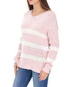 Sweater & Pullover*Aniston CASUAL Damen Strick-Pullover mit Baumwollanteil Alltags-Pullover Langarm-Shirt 74491342 Rosa/Weiß