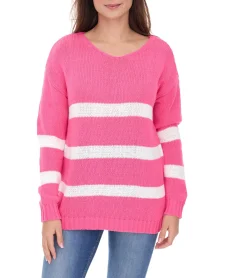 Sweater & Pullover*Aniston CASUAL Damen Strick-Pullover mit Baumwollanteil Alltags-Pullover Langarm-Shirt 39680449 Rosa/Weiß