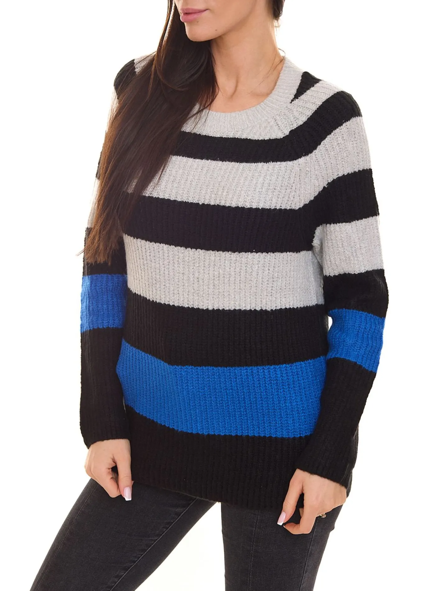 Sweater & Pullover*Aniston CASUAL Damen Strick-Pullover gestreifter Rundhals-Pulli 38395131 Schwarz/Grau/Blau