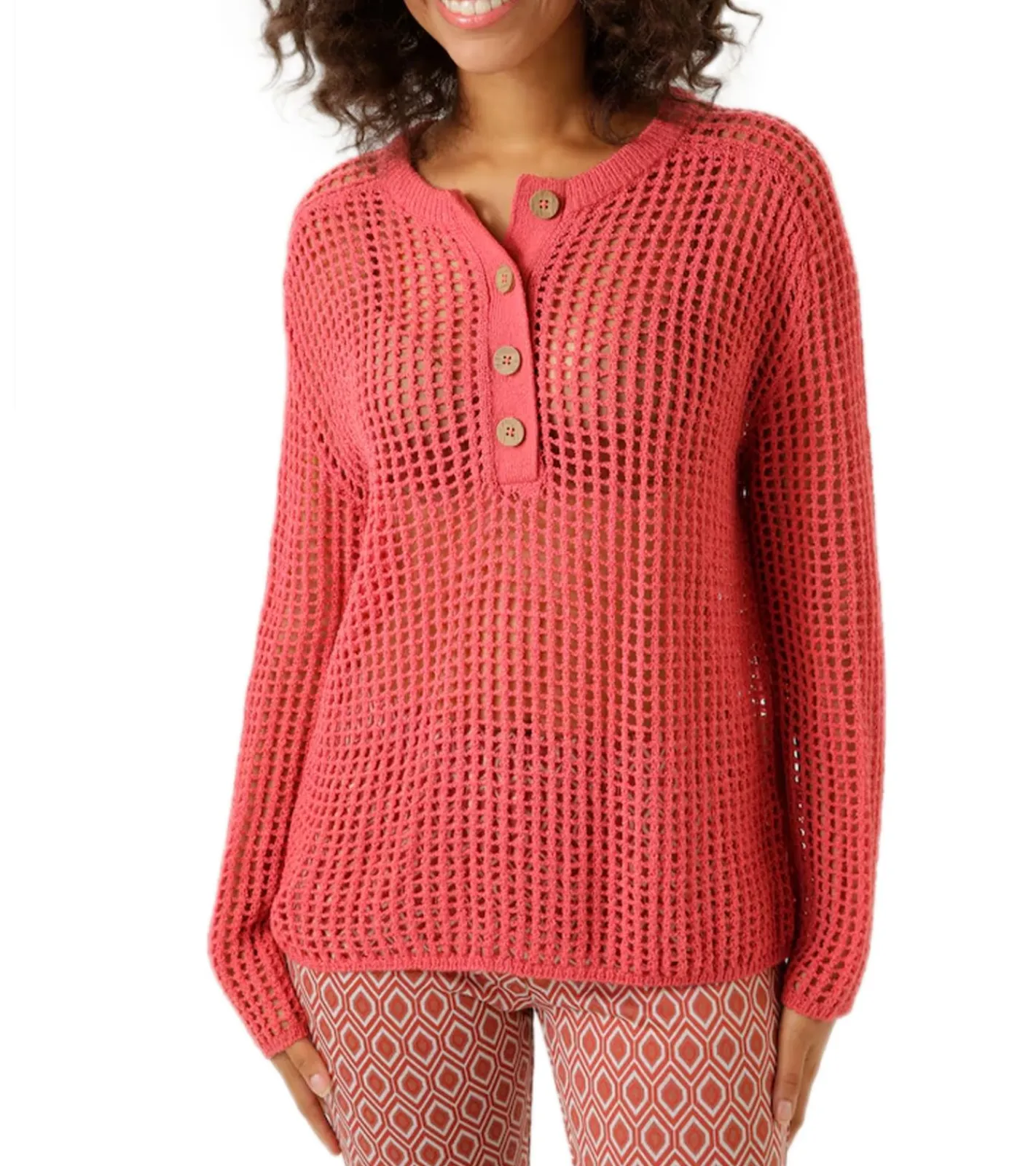 Sweater & Pullover*Aniston CASUAL Damen Strick-Pullover Grobstrick-Pullover mit Knopfleiste Langarm-Shirt 81819457 Rot