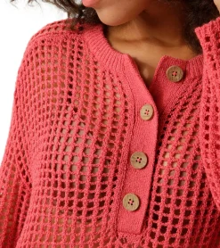 Sweater & Pullover*Aniston CASUAL Damen Strick-Pullover Grobstrick-Pullover mit Knopfleiste Langarm-Shirt 81819457 Rot