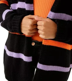 Mäntel & Jacken*Aniston CASUAL Damen Strick-Jacke modischer Cardigan mit farbigen Streifen 95448519 Schwarz/Orange/Lila