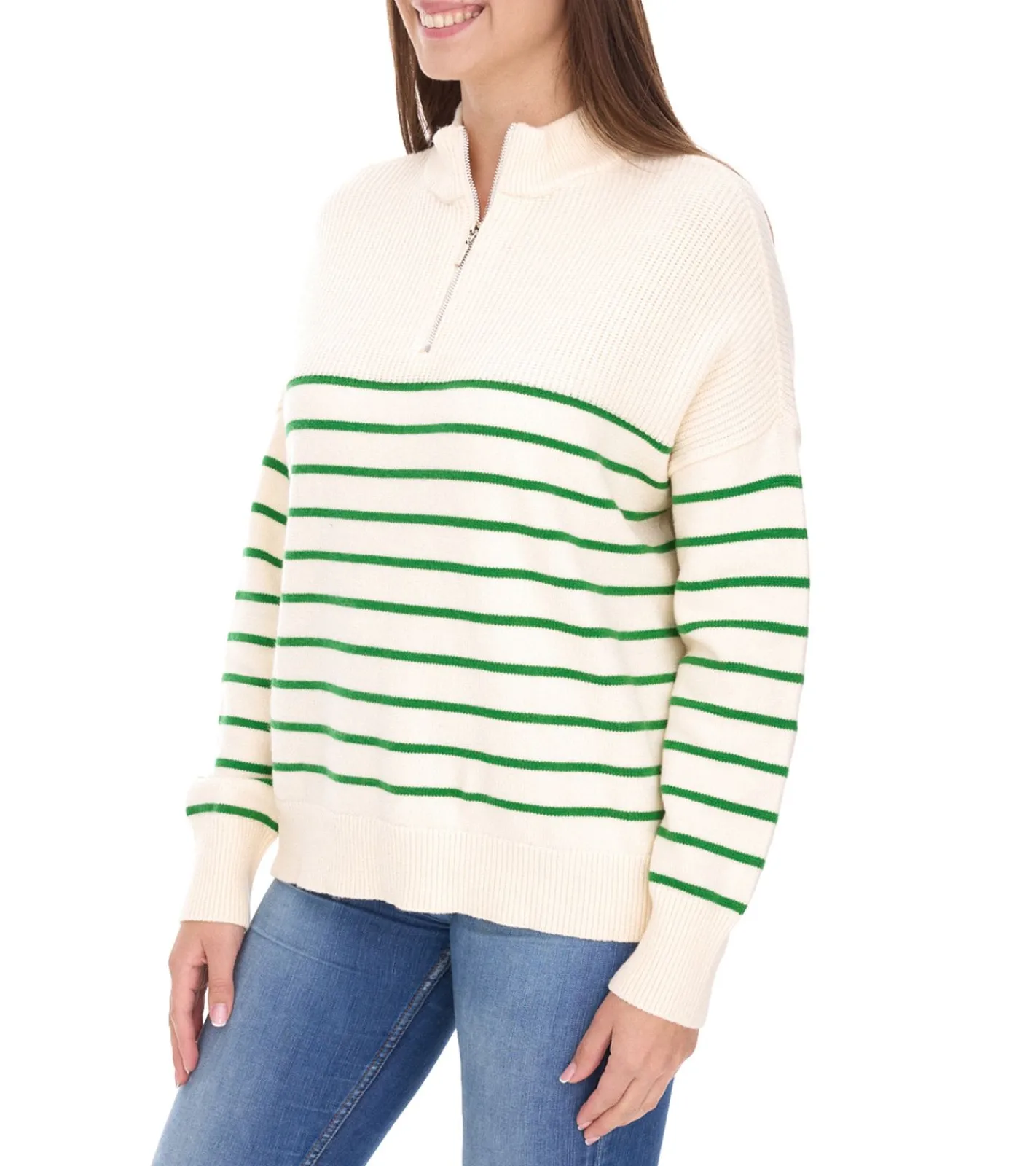 Sweater & Pullover*Aniston CASUAL Damen Troyer Langarm-Pullover mit Reißverschluss und Stehkragen 67107403 Beige/Grün