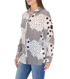 Poloshirts & Blusen*Aniston CASUAL FM Damen Bluse stylische gemusterte Sommer-Bluse mit Kent-Kragen Langarm-Shirt 36993707 Weiß/Schwarz