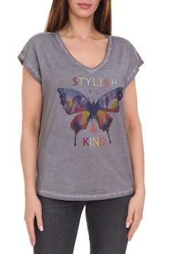 Tops & T-Shirts*Aniston CASUAL Kurzarm-Shirt modisches Damen T-Shirt mit Schmetterling-Print 16014105 Grau