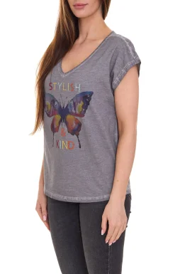 Tops & T-Shirts*Aniston CASUAL Kurzarm-Shirt modisches Damen T-Shirt mit Schmetterling-Print 16014105 Grau