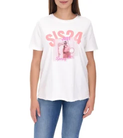 Tops & T-Shirts*Aniston CASUAL T-Shirt Damen Baumwoll-T-Shirt mit SIS24 Schriftzug Kurzarm 85719030 Ecru-Weiß