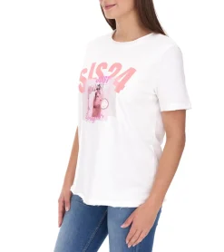 Tops & T-Shirts*Aniston CASUAL T-Shirt Damen Baumwoll-T-Shirt mit SIS24 Schriftzug Kurzarm 85719030 Ecru-Weiß
