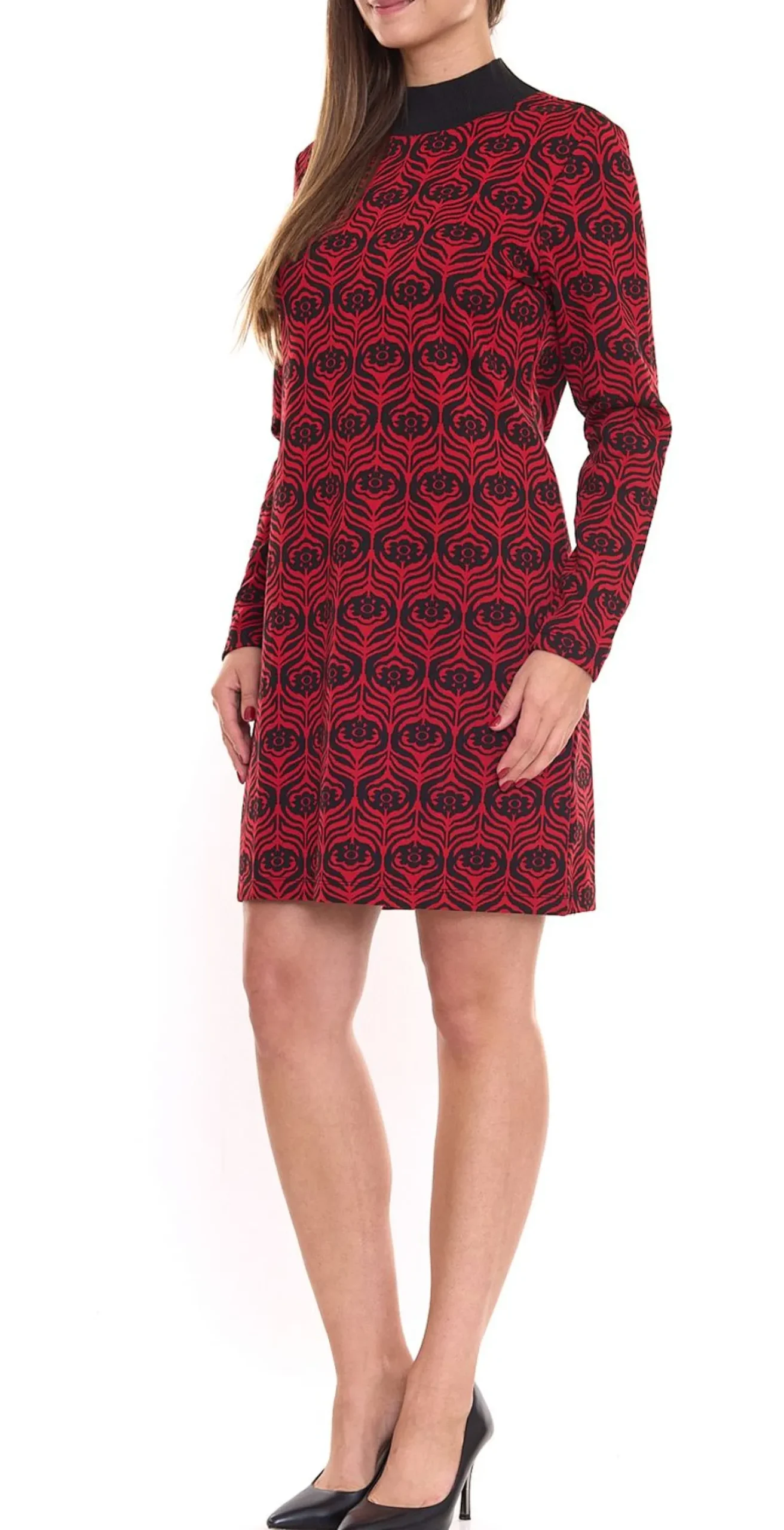Kleider*Aniston Damen Langarm-Kleid geblümtes Damen Mini-Kleid mit Stehkragen 11293815 Rot