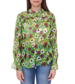 Große Größen|Poloshirts & Blusen*Aniston Damen Sommer-Bluse transparente Chiffon-Bluse mit Allover-Blüten-Print 13940242 Grün/Bunt