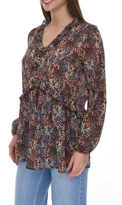 Poloshirts & Blusen*Aniston Damen Sommer-Bluse mit Rüschen-Details Langarm-Shirt mit Allover-Print Arbeits-Bluse 88608001 Braun/Grün/Schwarz