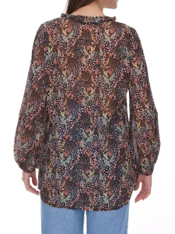 Poloshirts & Blusen*Aniston Damen Sommer-Bluse mit Rüschen-Details Langarm-Shirt mit Allover-Print Arbeits-Bluse 88608001 Braun/Grün/Schwarz