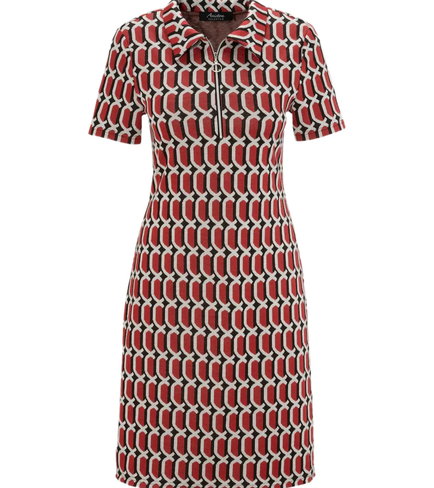 Kleider*Aniston SELECTED Damen Kurzarm-Kleid mit Allover-Print Mini-Kleid mit Reißverschluss Sommer-Kleid 90614761 Rot/Schwarz