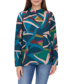 Poloshirts & Blusen*Aniston SELECTED Damen Sommer-Bluse mit geometrischem Design Langarm-Shirt Frühlings-Bluse 78596706 Blau/Lila/Braun