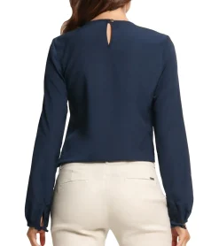 Poloshirts & Blusen*AWAMA Damen Bluse modische Schlupf-Bluse mit Tasche leichte Business-Bluse Langarm-Bluse zum Binden 108 Navy