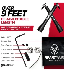 Sportausrüstung|Freizeitsport*BEASTGEAR Springseil 2,8m Speed-Fitness-Springseil aus Stahl leicht und verstellbar Trainingsgerät Boxen MMA HIIT-Workout Schwarz