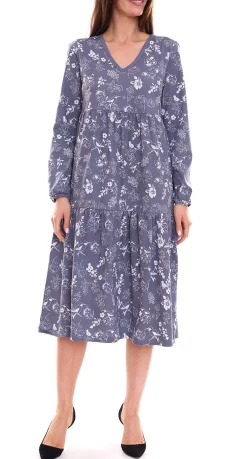 Kleider*BOYSEN´S Damen Kleid geblümt modisches Langarm-Kleid aus reiner Baumwolle 87096638 Blau