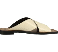 Zehentrenner & Sandalen*Bronx Damen Echtleder-Sandale mit flachem Blockabsatz Sommer-Pantolette mit Marken-Applikation 84856-H 05 Beige