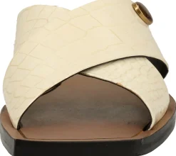 Zehentrenner & Sandalen*Bronx Damen Echtleder-Sandale mit flachem Blockabsatz Sommer-Pantolette mit Marken-Applikation 84856-H 05 Beige