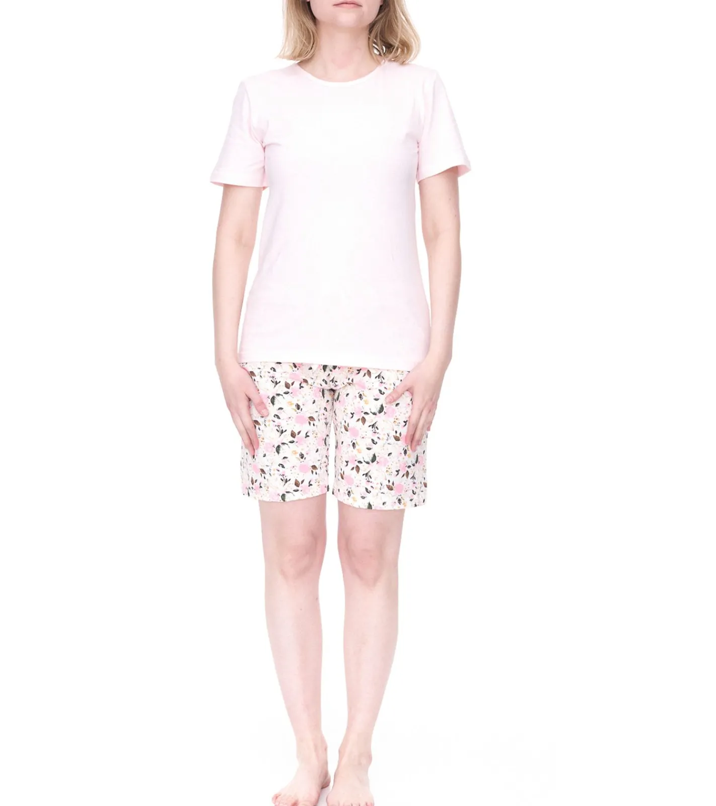 Bademode & Nachtwäsche*CINQUE Shorty Damen Baumwoll-Pyjama kurze Hose mit Blumen-Print Rundhals-Shirt Rosa/Weiß