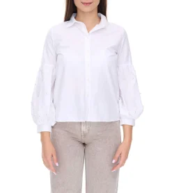 Poloshirts & Blusen*COURSE Damen Sommer-Bluse mit Perlen Langarm-Shirt 901879 Weiß
