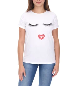 Tops & T-Shirts*COURSE Damen T-Shirt mit Kussmund-Aufdruck Sommer-Shirt Baumwoll-Oberteil Freizeit-Shirt 900069 Weiß