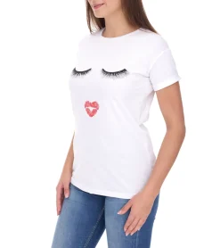 Tops & T-Shirts*COURSE Damen T-Shirt mit Kussmund-Aufdruck Sommer-Shirt Baumwoll-Oberteil Freizeit-Shirt 900069 Weiß
