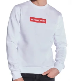 Pullover & Sweater*COURSE Herren Pullover mit Statement-Print "Worries Off" Rundhals-Pullover Baumwoll-Sweater 5045 Weiß