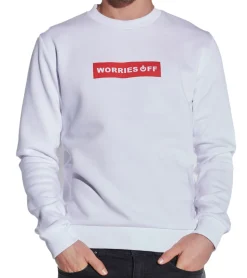 Pullover & Sweater*COURSE Herren Pullover mit Statement-Print "Worries Off" Rundhals-Pullover Baumwoll-Sweater 5045 Weiß