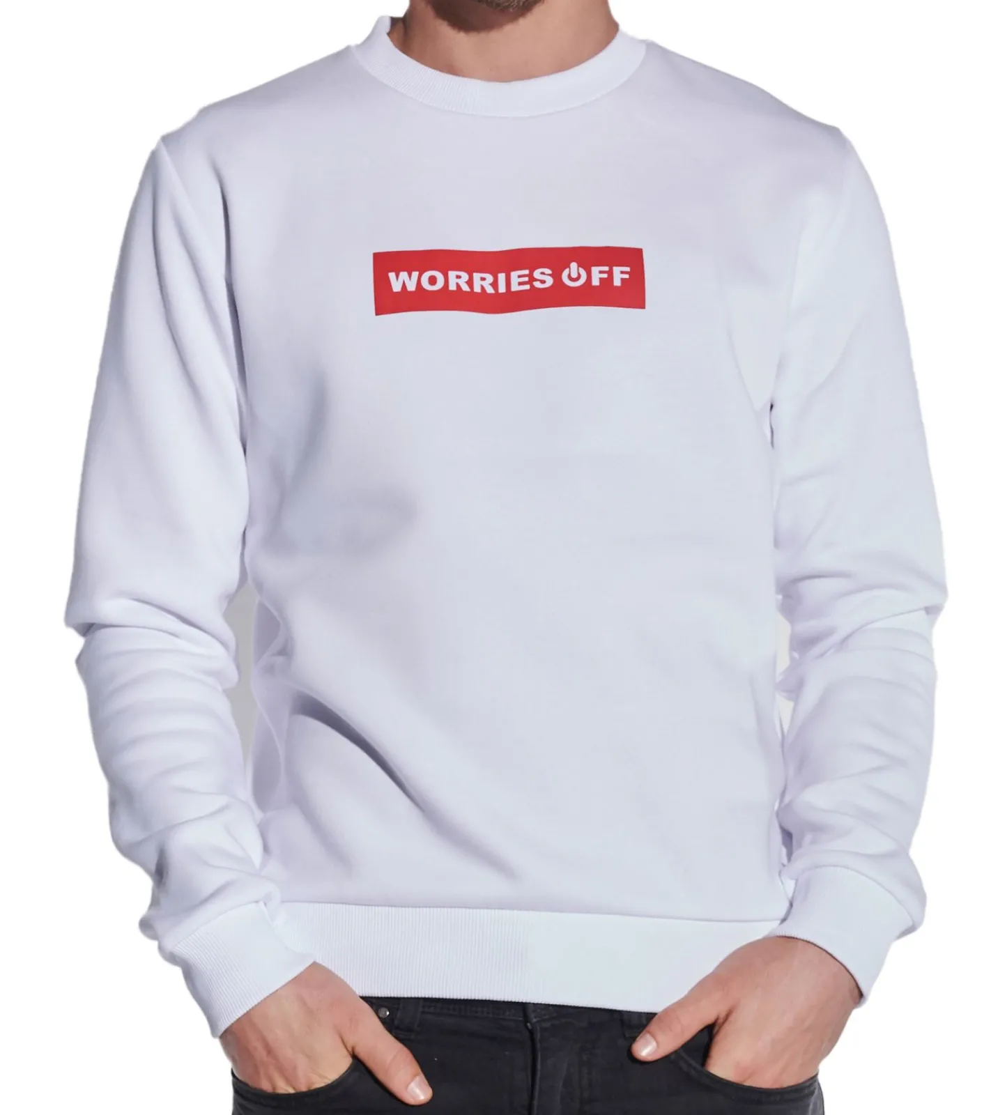 Pullover & Sweater*COURSE Herren Pullover mit Statement-Print "Worries Off" Rundhals-Pullover Baumwoll-Sweater 5045 Weiß