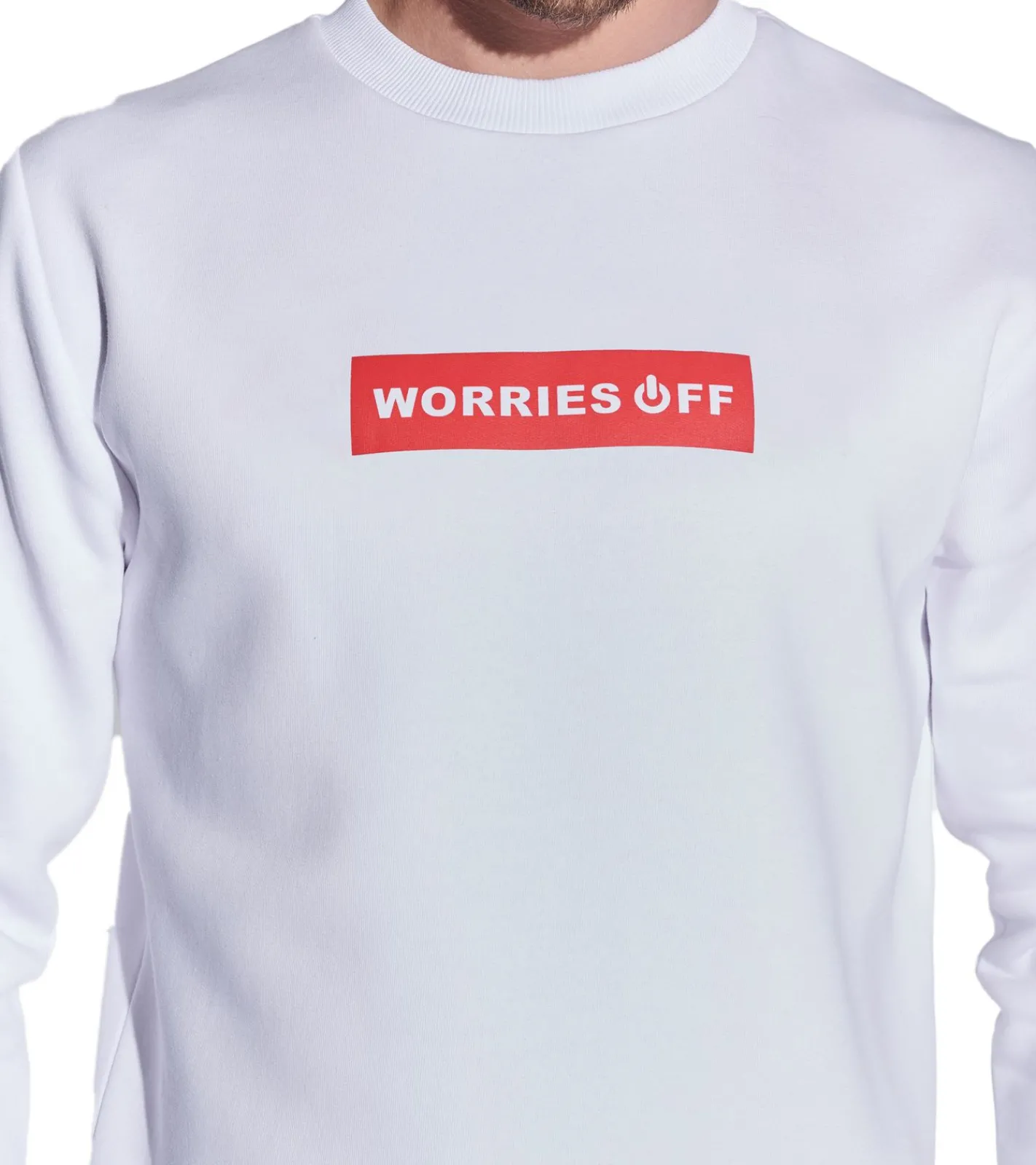Pullover & Sweater*COURSE Herren Pullover mit Statement-Print "Worries Off" Rundhals-Pullover Baumwoll-Sweater 5045 Weiß