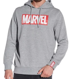 Pullover & Sweater*COURSE Marvel Herren Hoodie im melierten Design Kapuzen-Pullover mit großem Marvel-Schriftzug und Patch Baumwoll-Sweater 4848 Grau