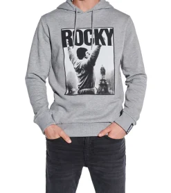 Pullover & Sweater*COURSE Rocky Balboa Herren Hoodie im melierten Design Kapuzen-Pullover mit großen Rocky Foto-Print und Patch Baumwoll-Sweater 4860 Grau