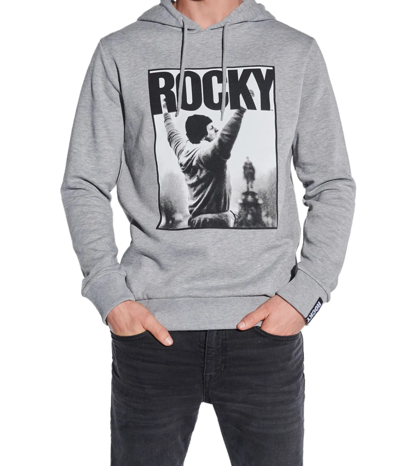 Pullover & Sweater*COURSE Rocky Balboa Herren Hoodie im melierten Design Kapuzen-Pullover mit großen Rocky Foto-Print und Patch Baumwoll-Sweater 4860 Grau
