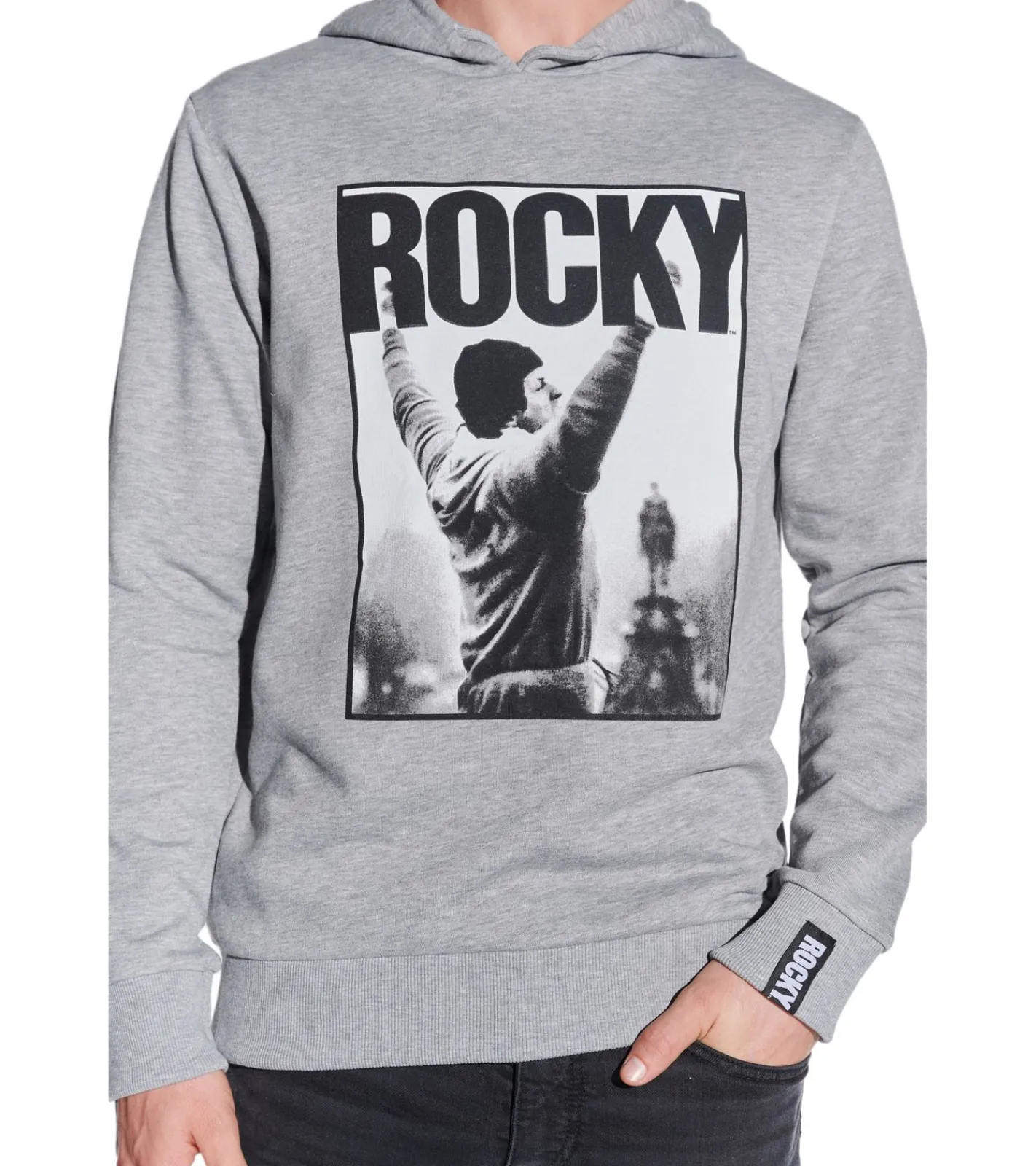 Pullover & Sweater*COURSE Rocky Balboa Herren Hoodie im melierten Design Kapuzen-Pullover mit großen Rocky Foto-Print und Patch Baumwoll-Sweater 4860 Grau