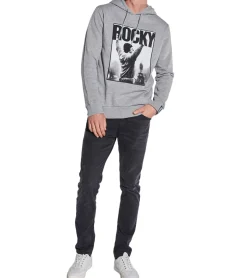 Pullover & Sweater*COURSE Rocky Balboa Herren Hoodie im melierten Design Kapuzen-Pullover mit großen Rocky Foto-Print und Patch Baumwoll-Sweater 4860 Grau