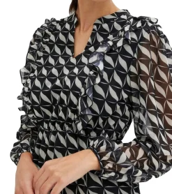 Kleider*O46bpx Damen A-Linien Chiffon-Kleid mit geometrischem Muster schönes Sommer-Kleid leichtes Midi-Frühlings-Kleid mit V-Ausschnitt 958063 Schwarz/Creme