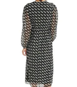 Kleider*O46bpx Damen A-Linien Chiffon-Kleid mit geometrischem Muster schönes Sommer-Kleid leichtes Midi-Frühlings-Kleid mit V-Ausschnitt 958063 Schwarz/Creme