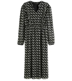 Kleider*O46bpx Damen A-Linien Chiffon-Kleid mit geometrischem Muster schönes Sommer-Kleid leichtes Midi-Frühlings-Kleid mit V-Ausschnitt 958063 Schwarz/Creme